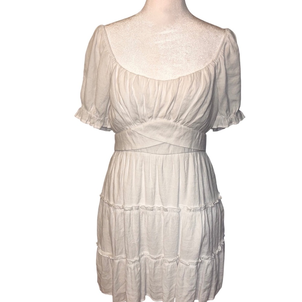 Trixxi White Milkmaid Puff Sleeve Tiered Mini Dress Size L NWOT
